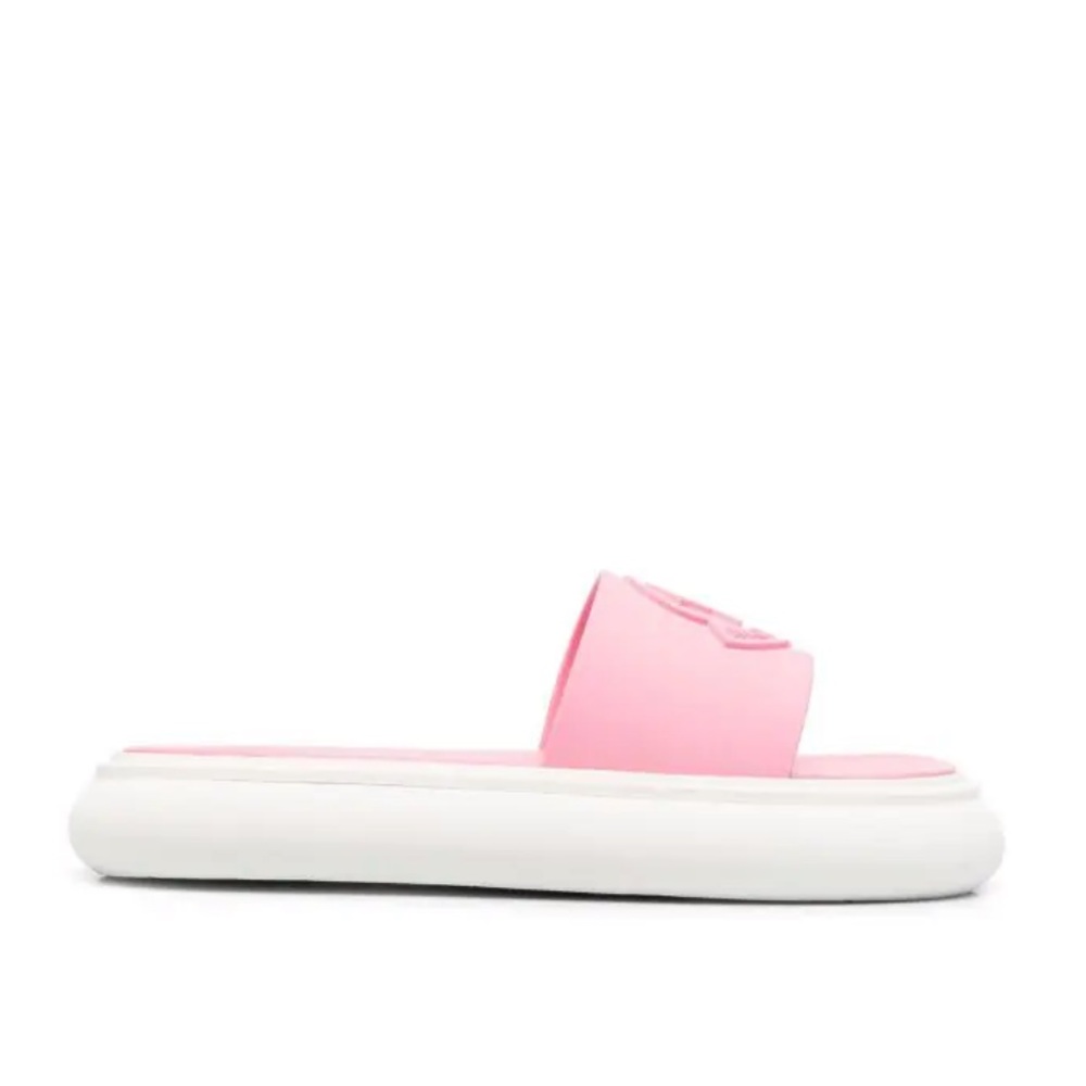 Moncler Debossed-Logo Leather Slides Pink Women’s EU 37/US 7 $545